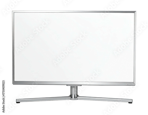 A silver flat-screen television with a bright white display on a black background