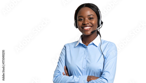 Smiling woman with a headset and arms crossed, appears to be in customer service