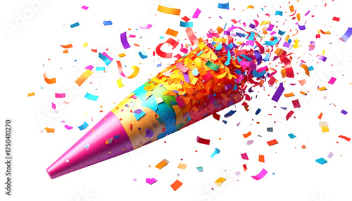 Colorful Confetti Explosion from Party Popper on Black Background - Dynamic Celebration of Joy, Success & Festive Events