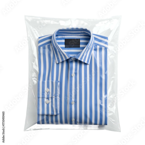 A neatly folded blue and white striped shirt inside a clear plastic bag