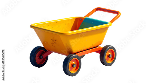 Bright Yellow Kids Toy Wheelbarrow with Orange Handle and Four Wheels Isolated on Black Background - Playful Garden Cart for Children's Outdoor Activities