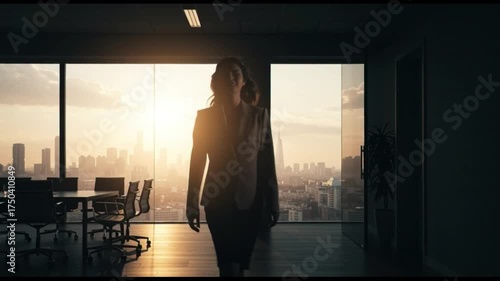 Businesswoman walking towards urban skyline
