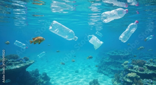 Underwater scene showing plastic pollution amongst coral and marine life