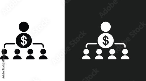 Minimal flat icon showing money management hierarchy structure, finance leader with dollar sign connecting to team members, business investment concept