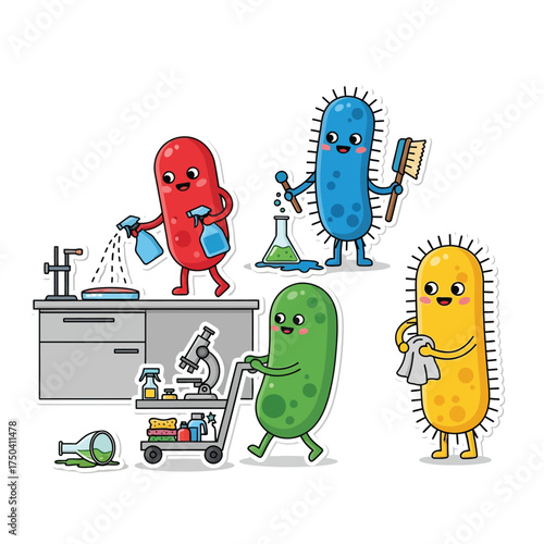 Cartoon bacteria cleaning a lab, including spraying a petri dish, pushing a cart, scrubbing with a brush, and wiping with a cloth.