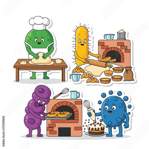Four cartoon microbes are baking: kneading dough, rolling dough, baking bread, and frosting a cake.