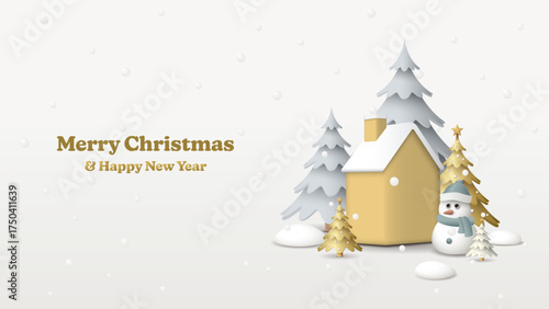 3D miniature model of Winter Wonderland with snowfall graphic illustration have blank space.