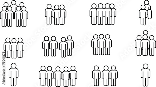Minimal line art illustration of diverse groups of people icons representing teamwork, community, social connection, unity, and organization concept
