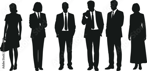 Silhouette illustration of diverse business people standing together in formal attire, teamwork concept, corporate professionals group on white background