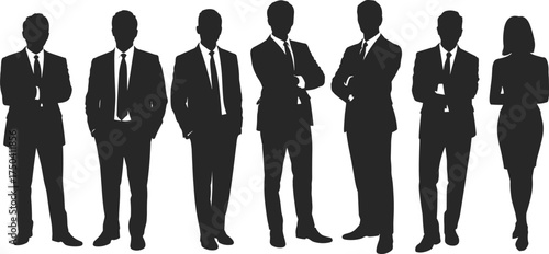Silhouette illustration of diverse business people standing together in formal attire, teamwork concept, corporate professionals group on white background