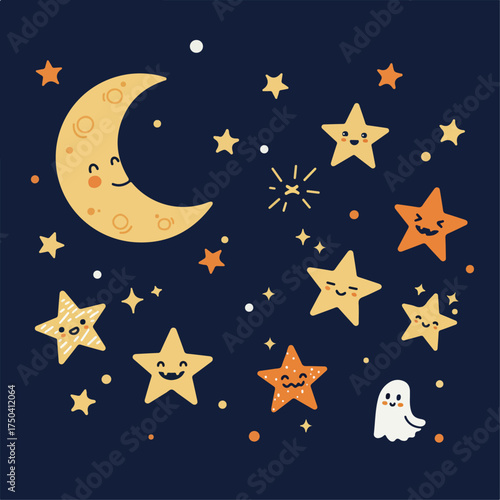 Cartoon illustration of a smiling crescent moon, stars with faces, and a small ghost against a dark blue night sky.