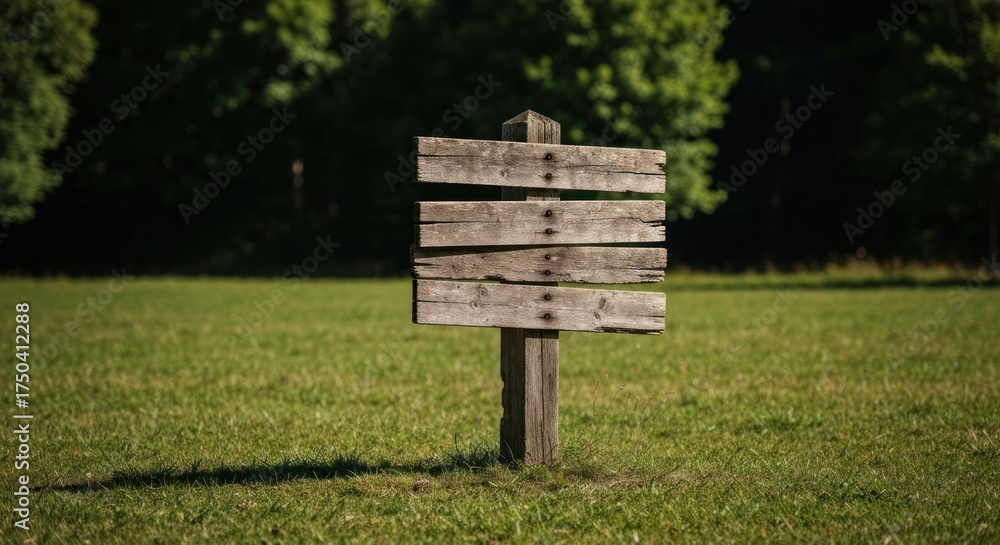 Fototapeta premium Wooden signpost stands in a grassy field, surrounded by trees, on a sunny day