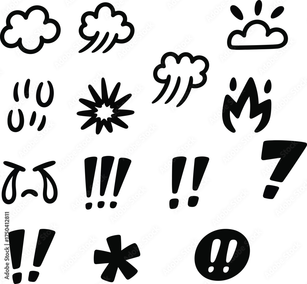 Obraz premium Hand-drawn weather icons and symbols expressing emotions and exclamations
