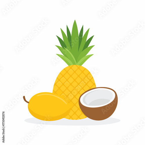 Tropical Fruit Medley Pineapple, Mango, and Coconut Illustration