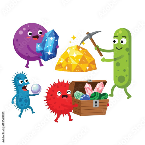 Cartoon microbes happily mining gems, gold, and treasures with tools and delight.