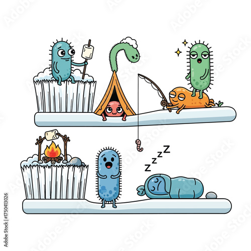Whimsical cartoon illustration depicting various bacteria characters camping and enjoying activities on a toothbrush.