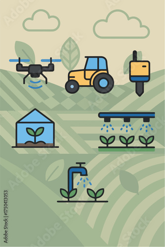 Flat agriculture icons with modern eco background for agritech visuals.