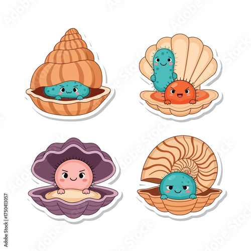 Four adorable cartoon sea creatures peeking out from colorful seashells, smiling and happy.