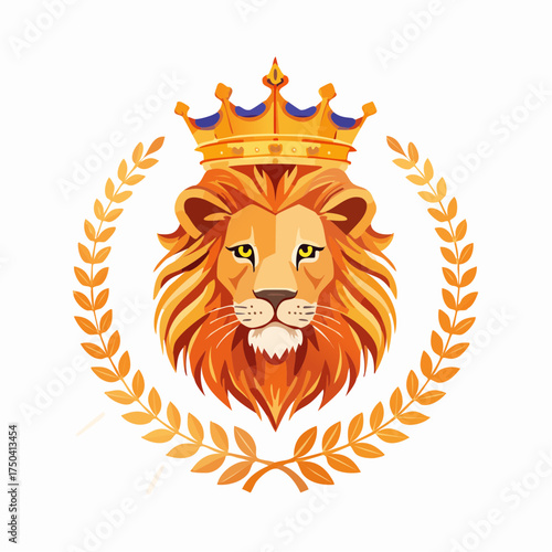 Illustration of a majestic lion king wearing a royal crown, encircled by a triumphant golden laurel wreath. A symbol of strength, victory, and leadership