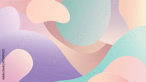 Aesthetic background with abstract minimalist elements featuring organic shapes and soft, delicate lines in a palette of pale pastel colors, including gentle hues of lavender, peach, and mint, blended