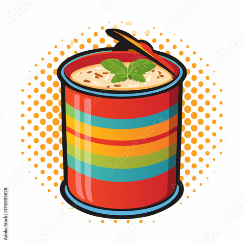 Vibrant cartoon drawing of a striped, open tin can of creamy soup with a leafy garnish, set against a retro halftone background, symbolizing ready-to-eat meals