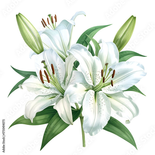 Realistic depiction of white lilies with green leaves, showcasing delicate petals and pistils
