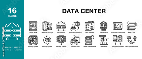 Data Center icon set. Includes computer, network, hardware, server, technology, data and More. Editable Stroke Icon Collection.