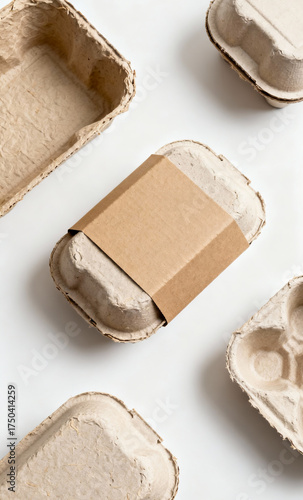 Eco-friendly molded pulp packaging, sustainable cardboard egg cartons, and natural fiber containers on a white background