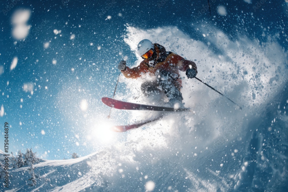 Naklejka premium A skier is jumping down the mountain.