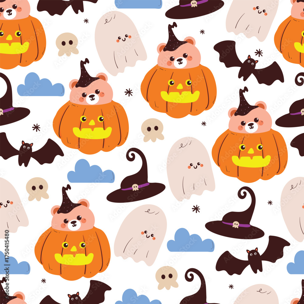 Fototapeta premium seamless pattern cartoon bear with halloween element drawing, for halloween vibe wallpaper and background