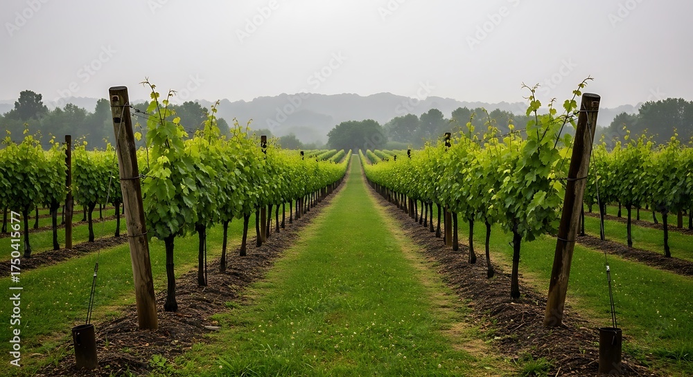 Fototapeta premium Vineyard Vista - Rows of Vines Stretching into the Distance.
