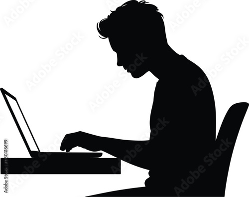 Black silhouette person using laptop computer transparent working office front view