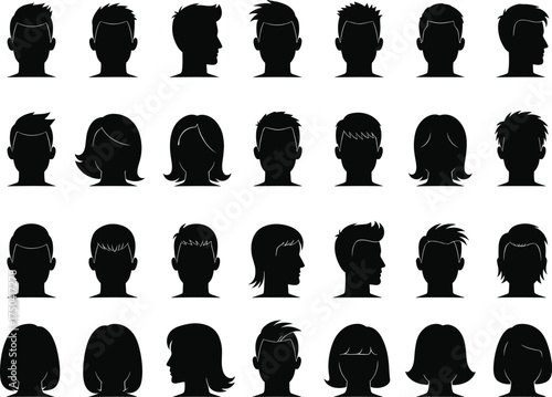 MobileHuman head silhouette, diverse hairstyle vector, male and female profile, front side view, black icon set, avatar design, character reference