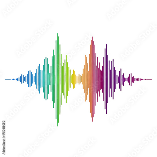 Colorful audio spectrum visualization representing sound waves on white background.
