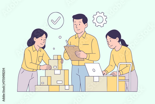 Flat vector illustration of a teamwork scene with office employees organizing boxes, checking inventory, and using a laptop.