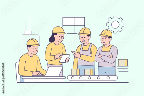 Flat vector illustration of factory workers and engineers discussing production at a conveyor line.