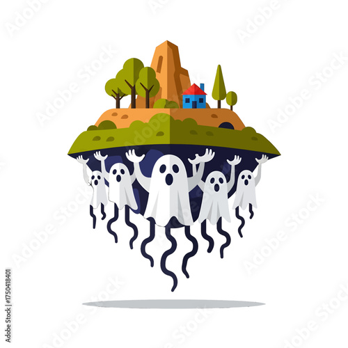 Spooky floating island with ghosts and a small house.