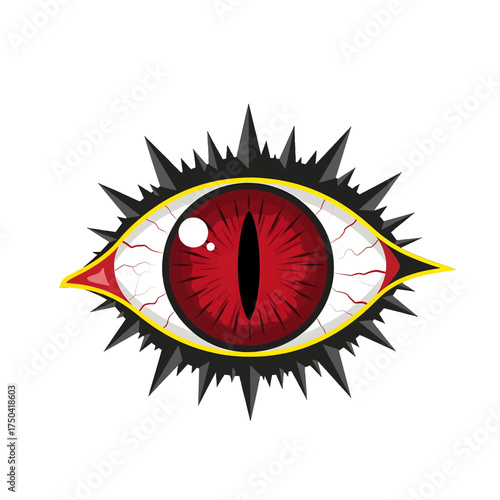 Evil eye with sharp spikes and red iris staring intensely.