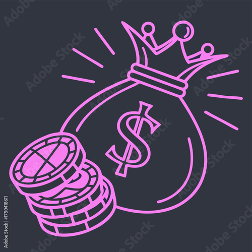 High quality photo of a money bag with a crown and stack of coins vector