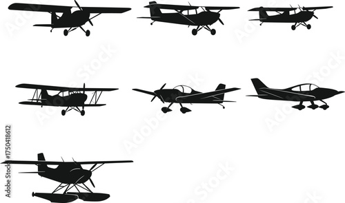 Small aircraft silhouette set, high-wing, low-wing, biplane, floatplane vector icons, black aviation graphic, isolated flight design collection