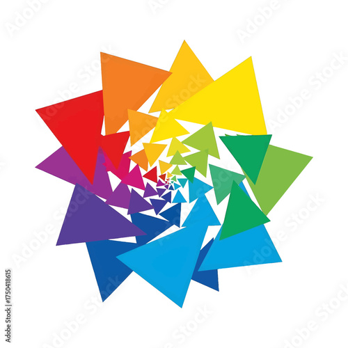Colorful abstract spiral of triangles with rainbow hues.