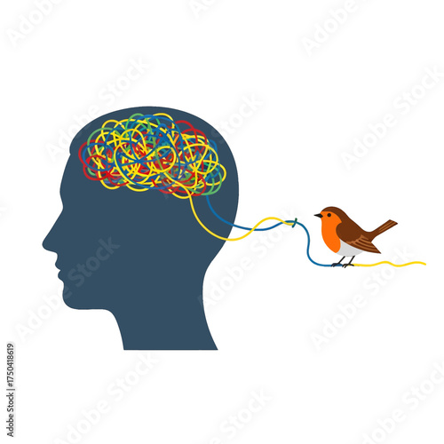 Bird connecting to mind, thoughts and ideas, mental health concept.