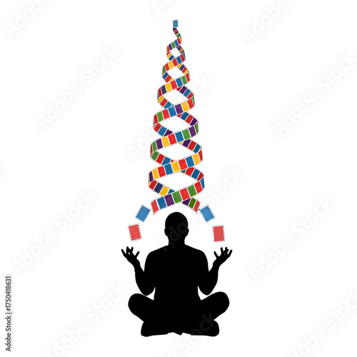Meditating man juggling colorful dominoes, focused and calm.