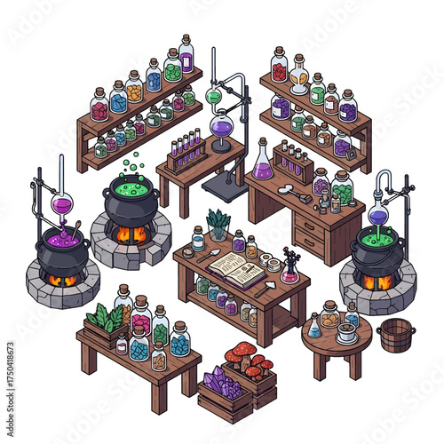 Magical Potion Laboratory - A Detailed Isometric Illustration.