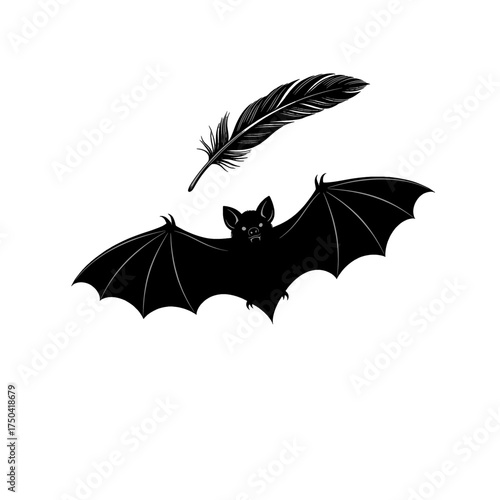 Black Bat and Feather Illustration on White Background.