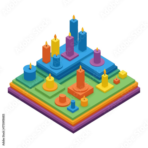 Isometric candles arrangement on colorful platforms, artistic design.
