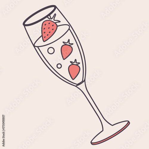 High quality photo of a champagne flute filled with bubbly liquid and floating strawberries vector