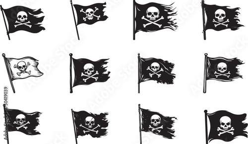 A set of twelve pirate flags with a skull and crossbones design, waving in the wind.