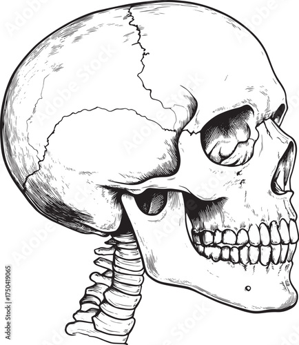 A human skull with visible teeth and a cracked jaw.