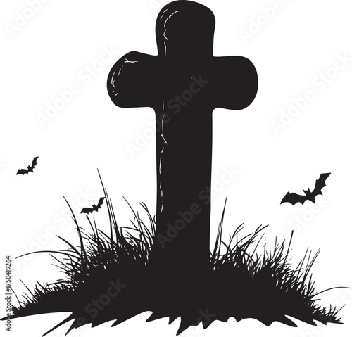 A black and white silhouette of a tombstone with bats flying around it.